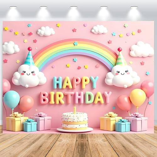 ASDCXZ Sfondo Compleanno di Arcobaleno 1.8x1.2m, Cartone Animato Rosa Clouds Regalo Sfondo Fotografico per Bambini Ragazzi Ragazze Neonati Compleanno Tema Festa Tavolo per Torta Decorazione Banner