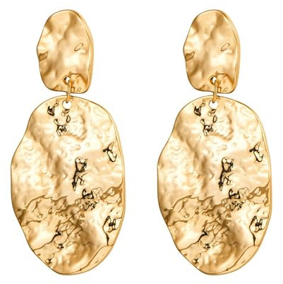 Gold Plated Statement Earrings for Women, Vintage Chunky Hammered Gold Earrings, Lightweight Hypoallergenic Fashion Gold Jewelry, Big Drop Dangle Earrings for Women Fashion Jewelry