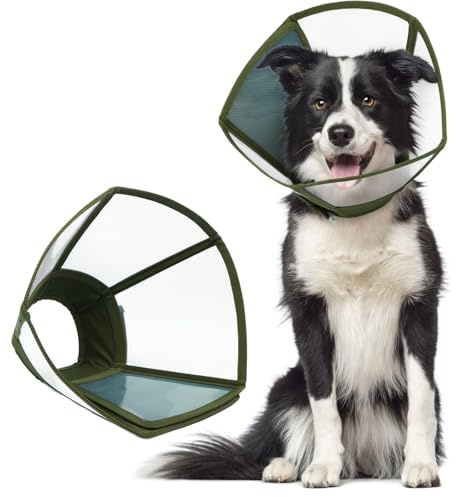Hjumarayan Halskrause Hund - Transparenter Hundekragen Leckschutz Faltbarer Schutzkragen für die Genesung, Anti-Kratz Hundetrichter für Hunde nach OP, Armeegrün L