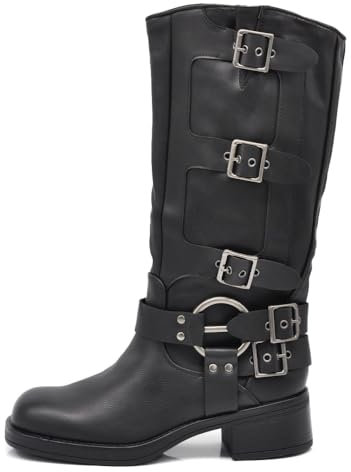 IF Fashion Scarpe Stivali da Donna Al Polpaccio Ginocchio Stile Biker Punk Rock Motociclista con Fibbia Multipla 730-3 nero N.39