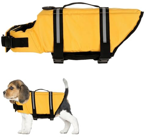 Satiskid Dog Life Jacket, Dogs Swimming Vest With Buoyancy & Safety for Small Dogs, Dog Life Vest With Rescue Handle & Reflective Elements For Water Sports Pool And Beach, XS (Yellow)