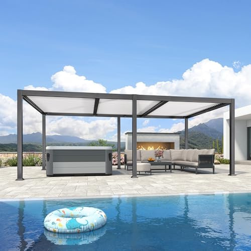 Pérgola bioclimática de 6,35 x 3,5 m, aluminio gris con techo de rejilla ajustable, moderno cenador exterior con postes blancos para jardín, patio y terraza