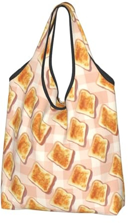 Sac d'épicerie réutilisable avec poignées Motif toast mignon, Noir/blanc, 2 PCS