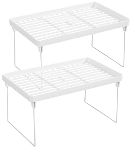 Dulynva 2 Stück Tischregal Stapelbares Regaleinsatz für Schrank Organizer Küche Standregal Kleines Plastikregal Faltbares Gewürzregal für Büro Bad Desktop Mini Regal Küche Arbeitsplatte (Weiß)
