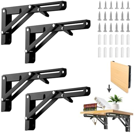 Klappkonsole 4 Stk 200mm Schwarz Edelstahl Schwerlast 75kg Tragfähigkeit | Federbelastete 90° Konstruktion, dreieckige Stabilität, rostfrei, platzsparend bei Nichtgebrauch, für Küche Garage Büro