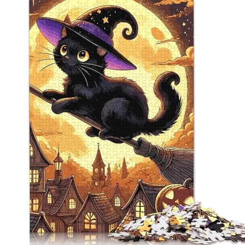 Black Cat Witch on Broom Puzzle Fun Activity for at Home Premium Cardboard Jigsaw Puzzle for Adults Teen 1000pcs (75x50cm)