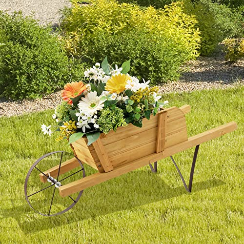 S AFSTAR Wheelbarrow Planter, Wood Flower Plant Pot Wheelbarrow Cart w/Metal Wheel & 9 Replaceable Magnet Accessories, Wooden Wagon Planter Wheelbarrow Decor for Outdoor Garden Backyard (Natural)
