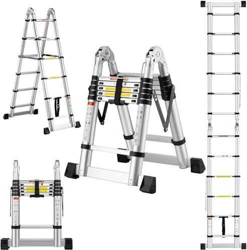 DEWINNER Échelle Télescopique 3.8 m (1.9+1.9), Échelle Pliante 2 en 1, Escabeau en Aluminium avec Crochets pour Usage Intérieur et Extérieur, Charge Maximale 150 kg, Argenté