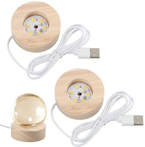 2 x Base luminosa a LED in legno, base luminosa a LED, rotonda, in legno, con USB, base di luce a LED per cristallo, vetro e resina, mini espositore luminoso per decorazione