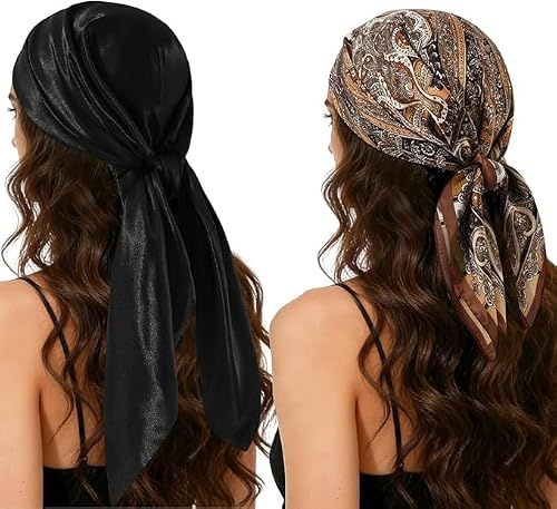 2er Pack Bandana Tuch Set für Damen – Große Haar- & Halstücher 35x35 Schwarz & 27x27 Paisley Braun, Boho Headscarf, Multifunktionales Kopftuch Set, Leichtes Fashion Tuch für Alltag & Styling