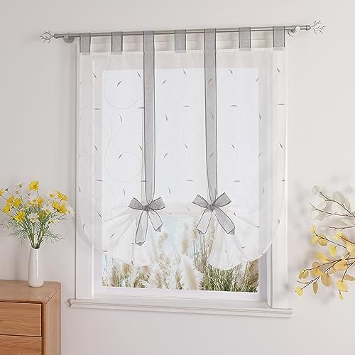 Yujiao Mao Raffrollo Voile Küche Gardine Mit Stickerei Bindegardine Mit Schlaufen Modern Raffgardine Wohnzimmer Weiß Silber BxH 140x140cm 1 Stück | Modern Raffgardine mit Stickerei, Küchengardine, Bindegardine, Wohnzimmer, Bandrollo, Transparent, Klein Fenster, 1 Stück