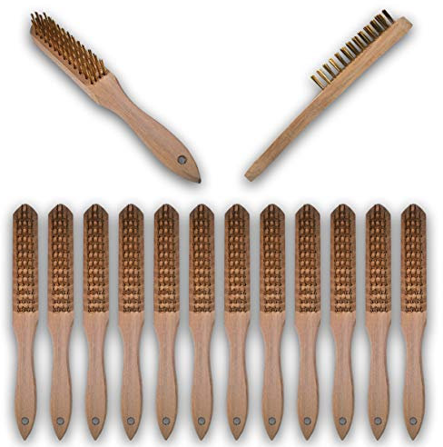 HELO 12er Set Drahtbürsten 4-reihig mit 18 Drähten pro Loch und stabilem Holzgriff, Stahldrahtbürste Maße: Länge des Holzes: 28,5 cm, Breite des Holzes: 3,5 cm, Länge des Drahtes: 2,5 cm
