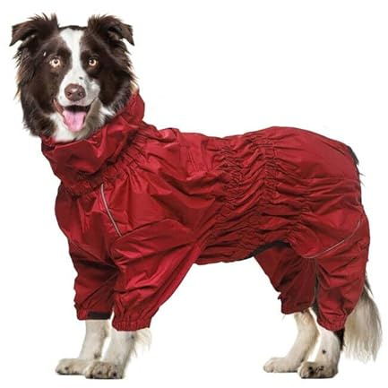 Geyecete -Regenmantel für hunde mit vier Beinen,Hunde Regenjacken Hosenanzug mit Geschirr loch, reflektierender vollwickel elastisch wasserdicht mantel fur Groß mittel und klein hunde -Rot-S