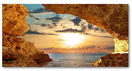Tulup Impression sur verre100x50 cm Image Tableau Photo décorative panoramique pour la Cuisine et Le Salon - Paysage - Grotte Au Bord De La Mer - Orange