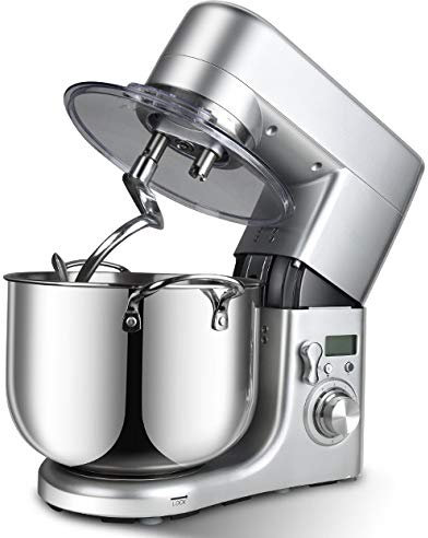 POOPFIY Batteur sur Socle, 10L Impastiera en Acier Inoxydable, 6 Vitesses 1500W tête inclinable Mixeur, Cuisine Batteur électrique avec Crochet pétrisseur, Fouet de Fil et Batteur (Argent)