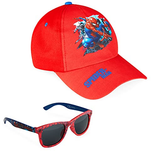 Marvel Spiderman Sonnenbrille Kinder Basecap Jungen Set Verstellbare Coole Sommer Kappe Kinder Sonnenbrillen UV400 Geschenke für Jungs (Rot)