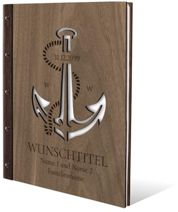 Stammbuch Gravur individuell Nussbaum Holz Cover lasergeschnitten mit Echtleder Rücken und Extras DIN A4 (240 x 310 mm) - Anker