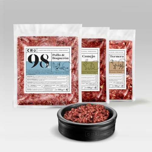CRU - Comida para Gatos Cruda y Natural Mix de 3 sabores - Dieta Barf para Gatos Junior y Adultos - Comida Congelada para 1 Mes - 10 Paquetes de 500g. (10 Paquetes, Mixta 3 sabores)