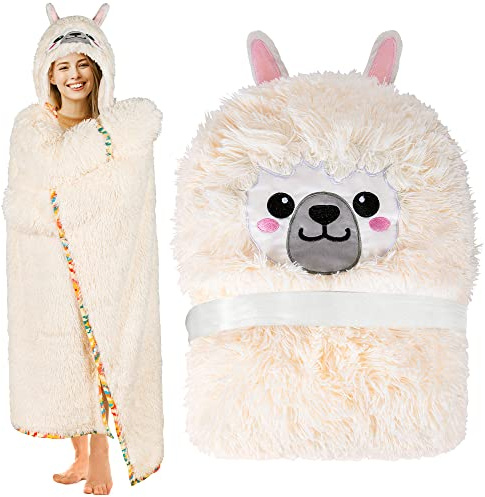 Llama Alpaca Wearable Hooded Blanket for Adults - Fluffy Super Soft Shaggy Faux Fur, Fuzzy Warm Cozy Plush Furry Fleece & Sherpa Hoodie Throw Cloak Wrap - Llama Gifts for Women Adults and Kids