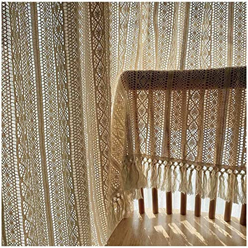Shabby-Chic-Baumwoll-Häkelspitze-Scheibengardine für Café, Plissee-rustikale Bauernhaus-Küchengardine für Bistro, Wohnzimmer, Schlafzimmer, Beige (Size : WxH 200x240cm/79x94in)