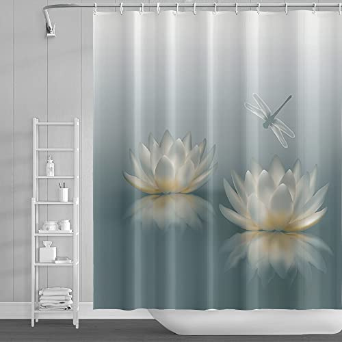 SDOTPMT 175x190cm Loto Flor Cortina de Ducha Bonito Libélula Zen SPA Cortina de Baño Elegante Floral Espiritual Meditación Cortina de bañera para niños Impermeable para Baño con Ganchos