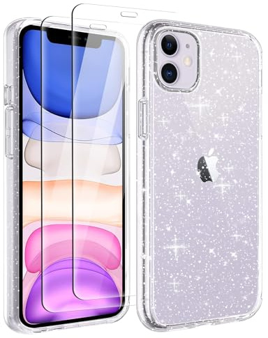 Tikgue Hülle für iPhone 11 mit 2 Stück Schutzfolie，360 Grad Handyhülle Glitzer Transparent Silikon Stoßfeste Schutzhülle Slim Weich TPU Case Kompatibel mit iPhone 11 - Clear
