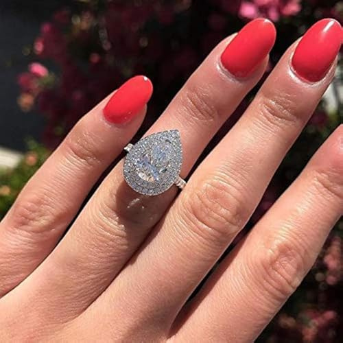 Sdouefos Verlobungsring für Damen, mit Weißgold überzogen, Tropfenform, Zirkonia, Tropfenform, Halo-Birnenschliff, Zirkonia, Verlobungsring für Damen ((T 1/2)