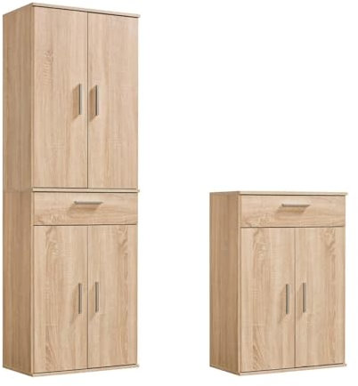 mokebo® Mehrzweckschrank Set 2-teilig 'Die Allzweckwaffe', Schrank-Set mit Midischrank & Hochschrank in Sonoma Eiche BZW. Braun, nutzbar als Aktenschränke, Büroschränke oder Allzweckschränke