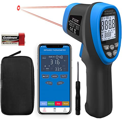 GOLDCHAMP Digitales Infrarot thermometer -50 bis +1500°C, IR Pyrometer Laser Berührungsloses Temperaturmessgerät Temperaturmesser mit Bluetooth D:S=30:1 (Nicht für Menschen)