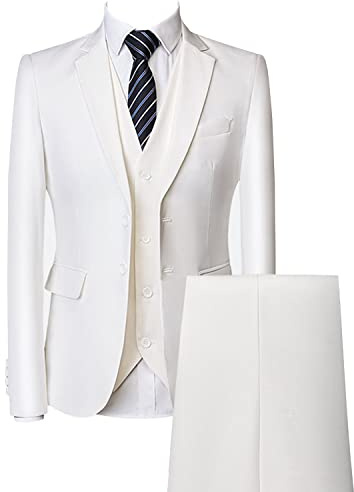 Ensemble de Costume 3 Pièces Coupe Régulière pour Hommes Pantalon Gilet Blazer d'affaires Solide à Deux Boutons Costumes de Mariage Décontractés Slim Fit pour Garçons d'honneur (Blanc,M)