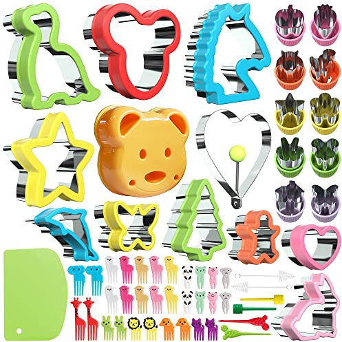 59stk Ausstechformen Kinder Set Sandwich Schneider, Brotausstechformen für Kinder, Sandwiches Gemüse Obst Plätzchenausstecher Edelstahl Komfortgriff mit Food Picks Obstgabeln