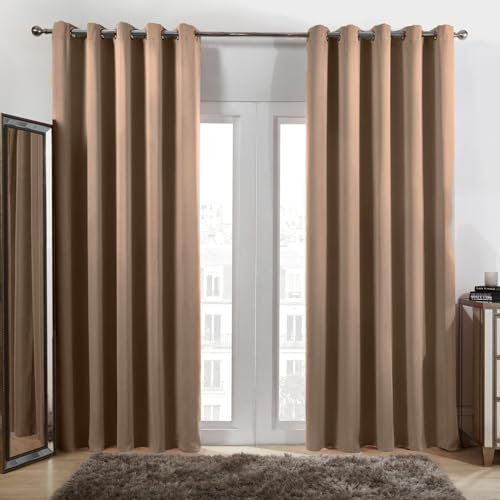 Dreamscene Eyelet Curtains Beige, Decorative Lined Curtain for Summer Winter Blackout Thermal Long Curtains for Living Room Bedroom Soft Modern 2 Panels, 66x90