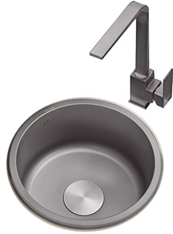 Rundes Waschbecken Graues Waschbecken Barwaschbecken Unterbauwaschbecken Grauer Wasserhahn Rundes Einbauwaschbecken Für Wohnung, Bar, Speisekammer (S : 36CM)
