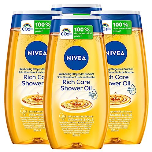 NIVEA Doccia Olio Rich Care Detergente Corpo Nutriente Formula Biodegradabile ad Azione Idratante e Protettiva Docciaschiuma con Oli Naturali e Vitamine C ed E per Pelli Secche - 4 Flaconi da 200ml