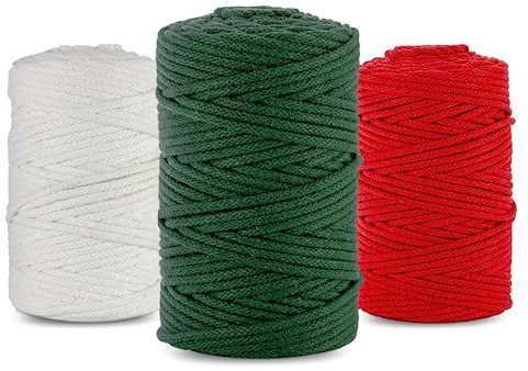 Netuno Makramee Garn 5mm Weiß-Grün-Rot 3er Set je 100m zum Häkeln für Körbe | Baumwollkordel mit Naturkern · weich & reißfest – für Schlüsselanhänger, Untersetzer, Schmuck & Armbänder