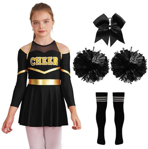 inhzoy Enfant Fille Costume Pom-Pom Girl 4 Pièces Robe Plisée Danse Gymnastique avec Pompoms Chaussettes Uniforme Cheerleading Halloween Carnaval Fete 5-16 Ans A Noir 7-8 Ans