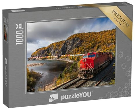 Puzzle 1000 Teile XXL „EIN Güterzug transportiert Frachtcontainer durch die Landschaft“ – aus der Puzzle-Kollektion Eisenbahn, Lokomotive