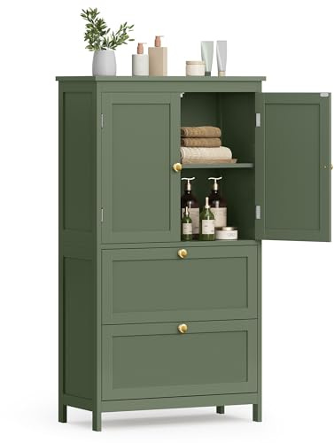 VASAGLE Bathroom Floor Storage Cabinet, Bathroom Storage Unit, Freestanding Cabinet with 2 Drawers and 2 Doors, Adjustable Shelf, 11.8 x 23.6 x 43.3 Inches, Forest Green UBBC551C01