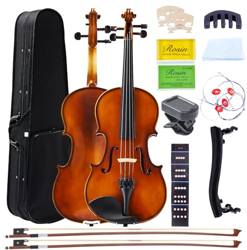 1/4 Acoustic Violin for Beginners, Full Size Solidwood Fiddle Set for Kids and Adults with Hard Case, 2 Bows, Extra Strings, Shoulder Rest, Rosin, Clip-on Tuner, Fingerboard Stickers, and Mute.