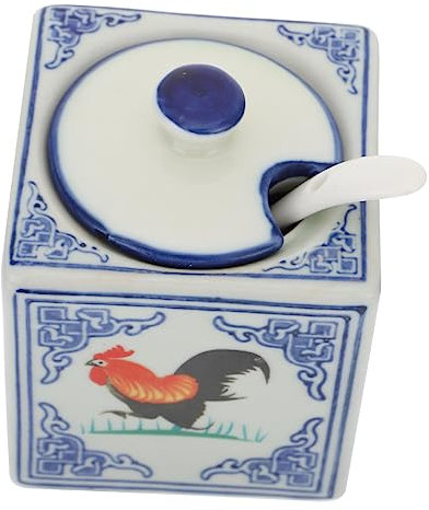NAMOARLY Ceramic Salt Container Rooster Design Kitchen Spice Jar Blue and White Porcelain Decorative Salt Jar for Home and Restaurant Use