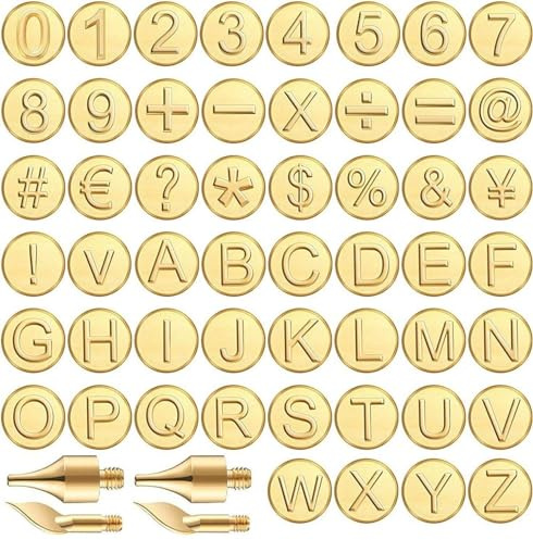 Fopytu 56 Pcs Wood Burning Tips Copper Letter Wood Burning Tip Set Alphabet Number Symbol Template for Diy Embossing Carving Crafts