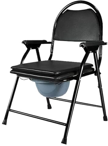 Toilettenstuhl, schwarzer PU-Ledersitz, klappbarer Duschstuhl mit Armlehnen und Rückenlehne, bequeme und sichere Toilettenalternative, hochziehbarer Toiletteneimer