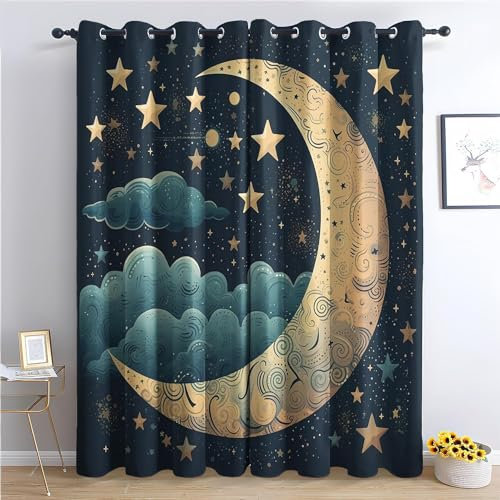 EXSANLIEAY Verdunklungsvorhänge Monate Kommen, Vorhang Blickdicht Stern Vorhänge mit öSen 2er Set für Schlafzimmer Kinderzimmer, Deko Gardinen Wohnzimmer-260 x 140 cm (H X B)