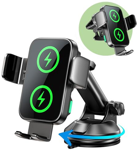 GuMosh Cargador Inalámbrico Coche de 15W [Doble Bobinas], [Sujeción Automática] 360° Rotación Soporte Movil Cargador, Carga Rápida Coche para iPhone 16/15/14/13/12/11, Samsung S25/24/23/S22