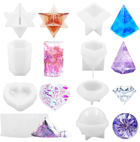 SNAIL GARDEN 8 Pcs Moules Silicone Résine Époxy 3D - Formes Cœur, Étoile, Pyramide, Diamant, Carré, Rond - Loisirs Créatifs pour Décoration Maison, Conservation Fleurs, Bougies, Savon