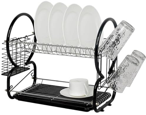 Easylife Compact 2 Tier Dish Drainer Rack (Black). Durable Steel Dish Drying Rack (L43 x W24 x H38cm), Dish Drainer Rack with Drip Tray, Sink Drainer Rack with Cutlery Basket - Fully Guaranteed