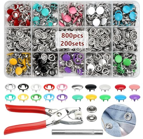 200 Pezzi Set Bottoni Automatici con Pinza Bottoni a Pressione Metallo Set Di Bottoni ad Anello In Metallo Colorato Non è Necessario Cucire per L'Artigianato Diy Borse per Vestiti 9,5 mm, 10 Colori