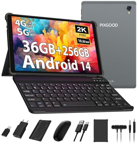 PIXGOOD 2K Tablet 10,4 Pollici, 4G LTE+5G WiFi, 36GB RAM+256GB ROM (2TB TF), Android 14 Tablet PC, Octa-Core, INCELL 2000 * 1200, 8000mAh, 13MP+8MP, GPS, Tablet in offerta con tastiera ect (Grigio)