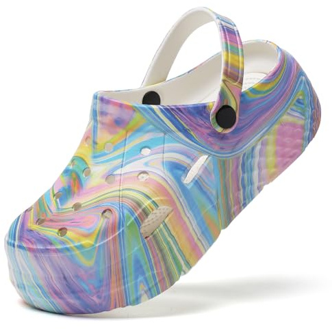 SECHRITE Zoccoli da donna con plateau grafica, scarpe da giardino senza lacci, sandali da spiaggia con soletta rimovibile, Viola iridescente, 42 EU