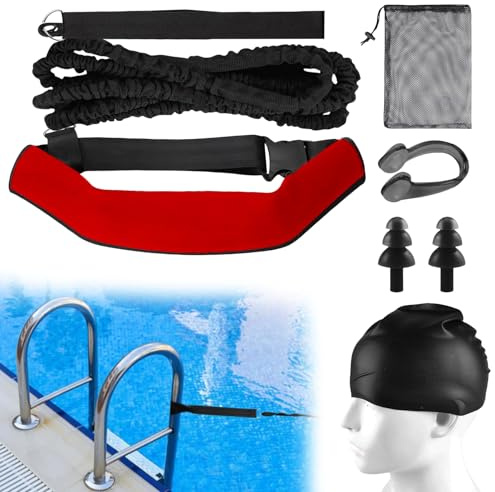 Schwimmgurt für Pool 3.6M Schwimmtrainer, Einstellbare Schwimmgürtel Geeignet für Jedes Pool Ohne Gegenstromanlage, Erhöht Kraft und Ausdauer für Kinder Erwachsene, Rot